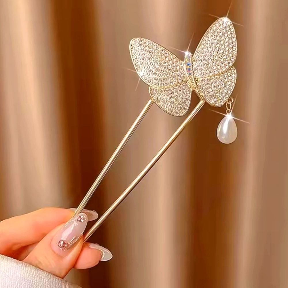 Brand New Gold Tone Butterfly Rhinestone Pearl Hair Pin